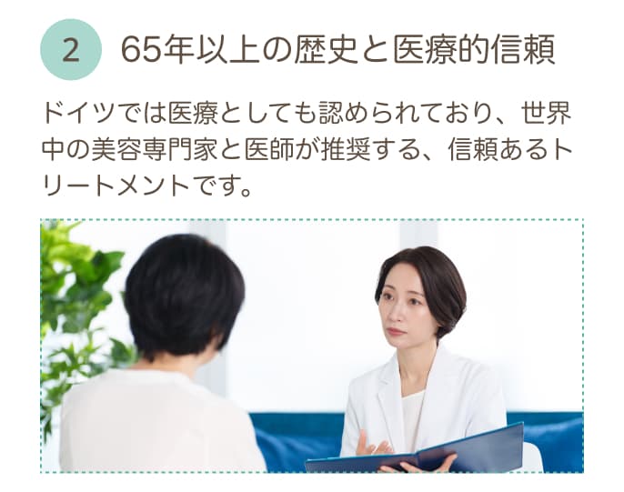 65年以上の歴史と医療的信頼 ドイツでは医療としても認められており、世界中の美容専門家と医師が推奨する、信頼あるトリートメントです。