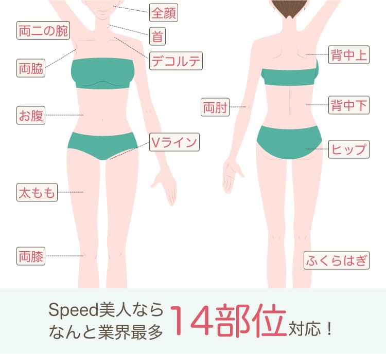 Speed美人ならなんと業界最多14部位対応! 全顔 首 デコルテ 両二の腕 両脇 お腹 Vライン 太もも 両膝 背中上 背中下 ヒップ ふくらはぎ 両肘